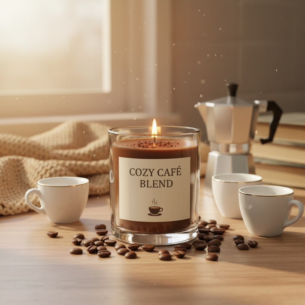Coffee Shop scented candle in cozy cafe setting