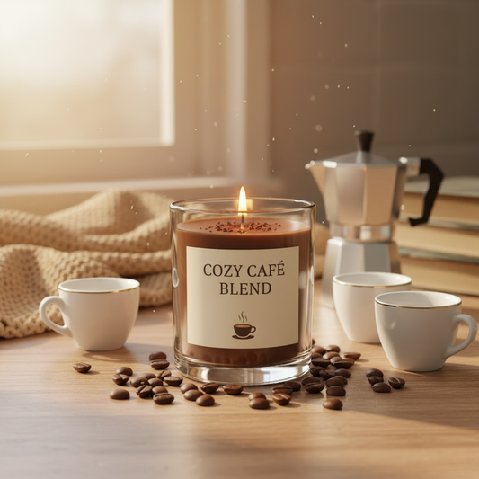 Coffee Shop scented candle in cozy cafe setting