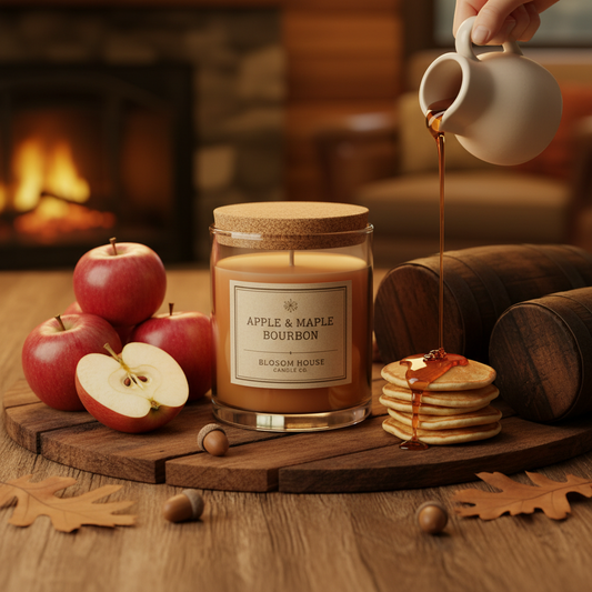 Apple & Maple Bourbon scented candle in rustic autumn setting