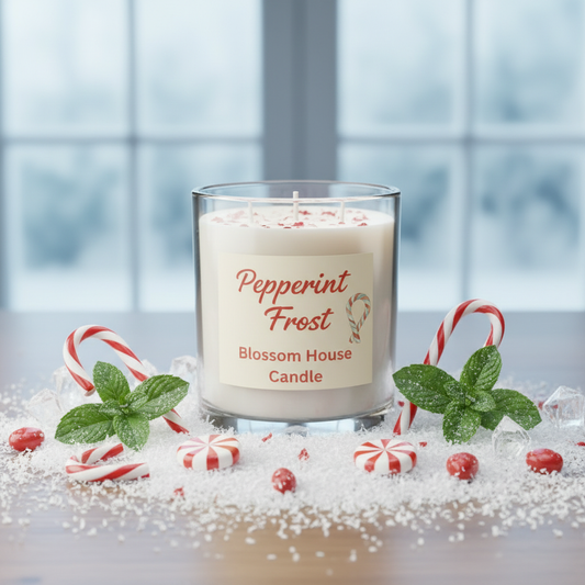 Peppermint scented candle in festive winter setting