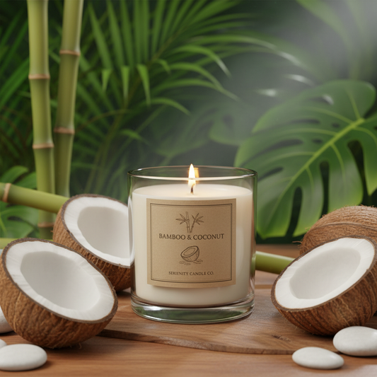 Bamboo & Coconut scented candle in tropical spa setting