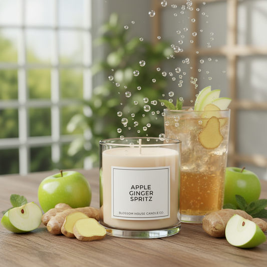 Apple Ginger Spritz scented candle in fresh cocktail setting