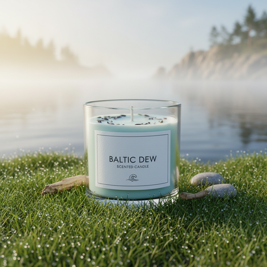 Baltic Dew scented candle in serene coastal morning setting