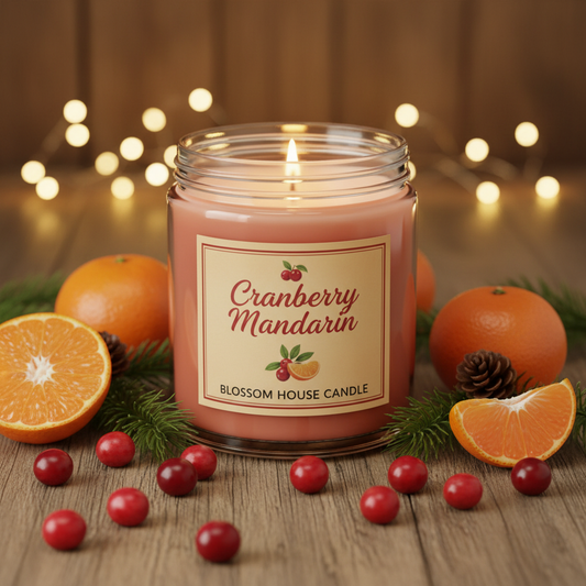 Cranberry Mandarin scented candle in festive winter setting