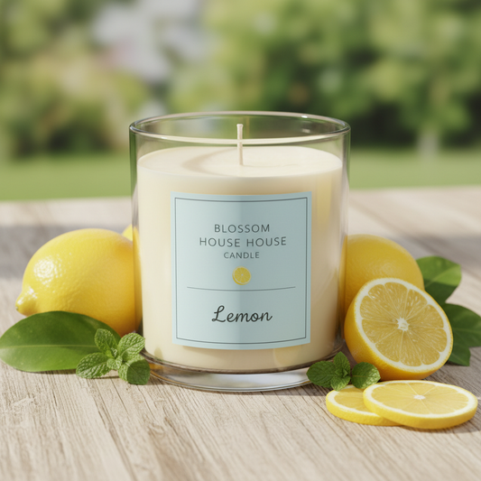 Lemon scented candle in fresh citrus setting