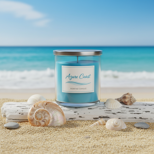 Azure Coast scented candle in coastal beach setting