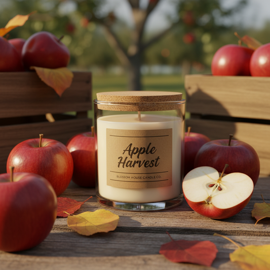 Apple Harvest scented candle in rustic orchard setting