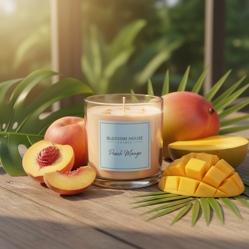 Peach Mango scented candle in tropical summer setting