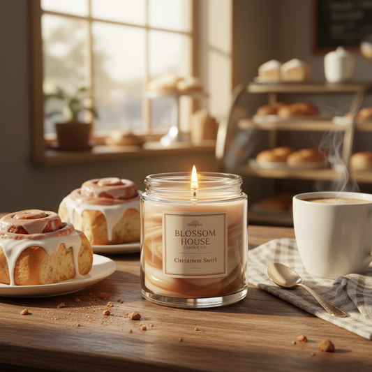 Cinnamon Roll scented candle in warm bakery setting