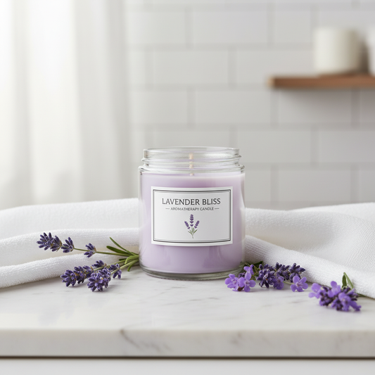 Lavender scented candle in serene spa setting