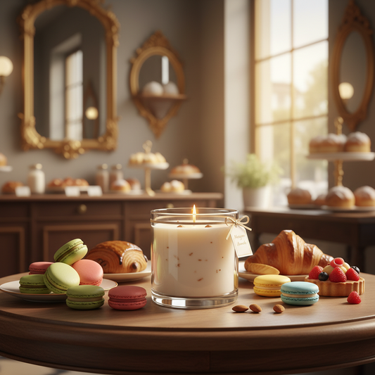 Almond Macaron scented candle in elegant French patisserie setting