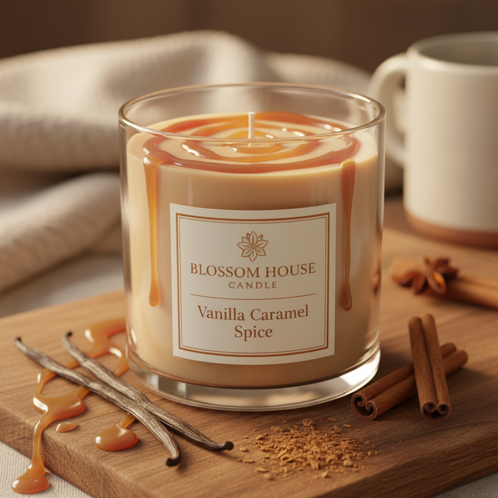 Vanilla Caramel Spice scented candle in cozy dessert setting