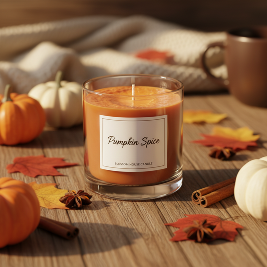 Pumpkin Spice scented candle in cozy autumn setting